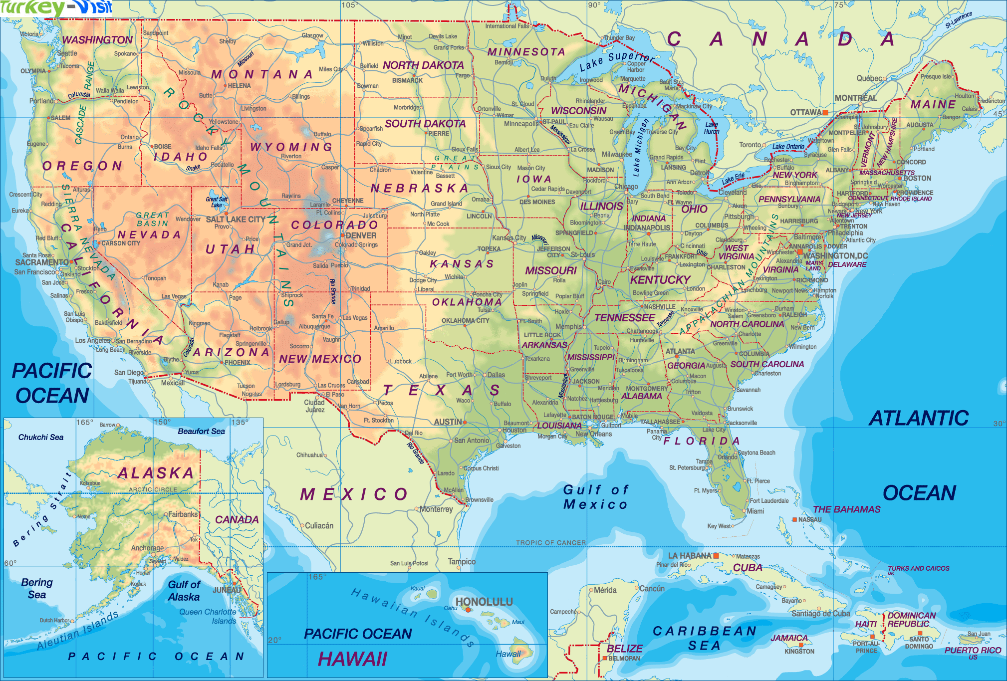Amerika Birleşik Devletleri Haritası Fiziki Büyük