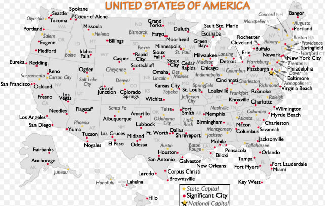Amerika Birleşik Devletleri Başlıca Başkent Şehirleri Haritası