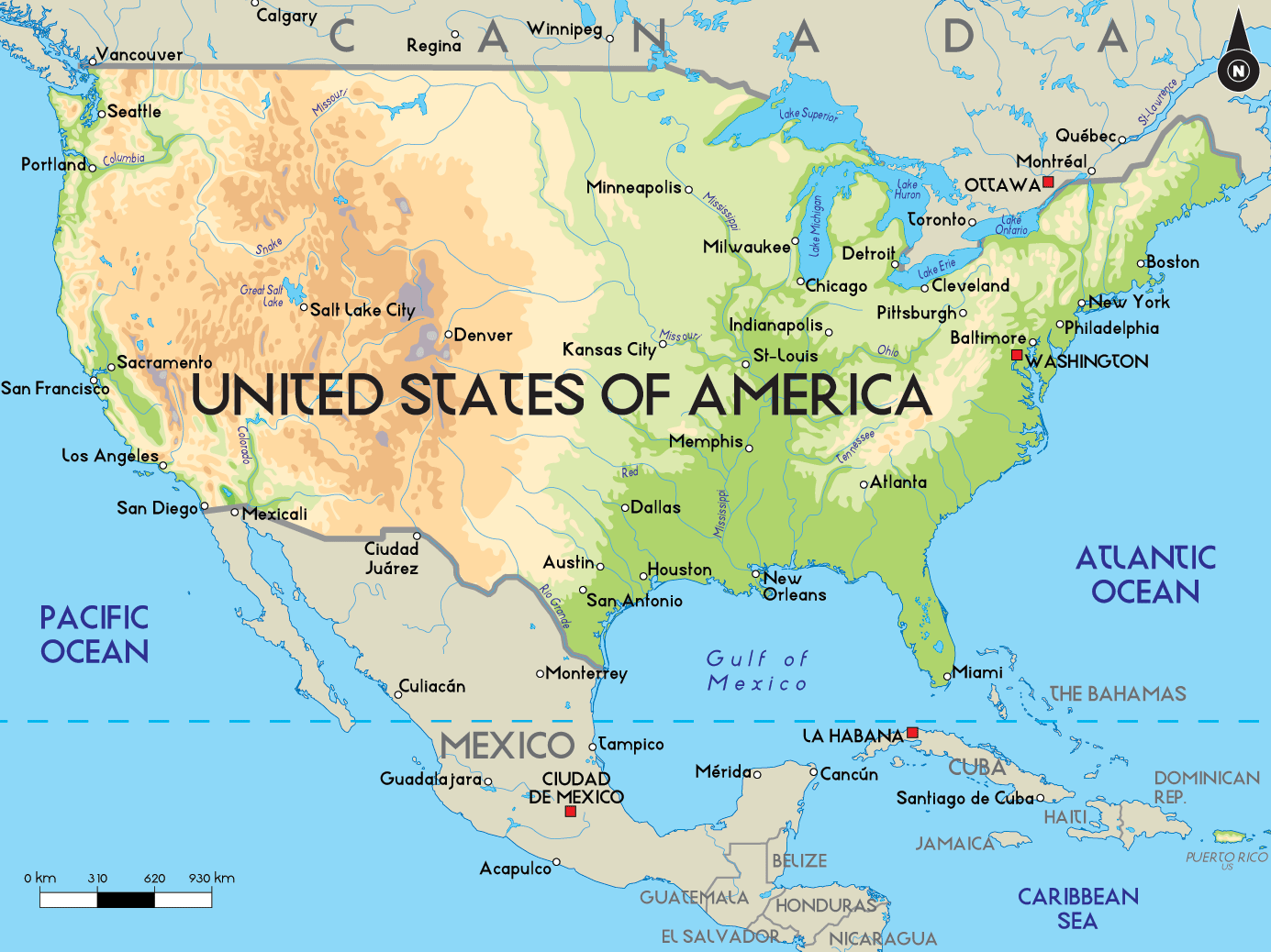 Amerika Birleşik Devletleri Kuzey Amerika Fiziki Haritaları