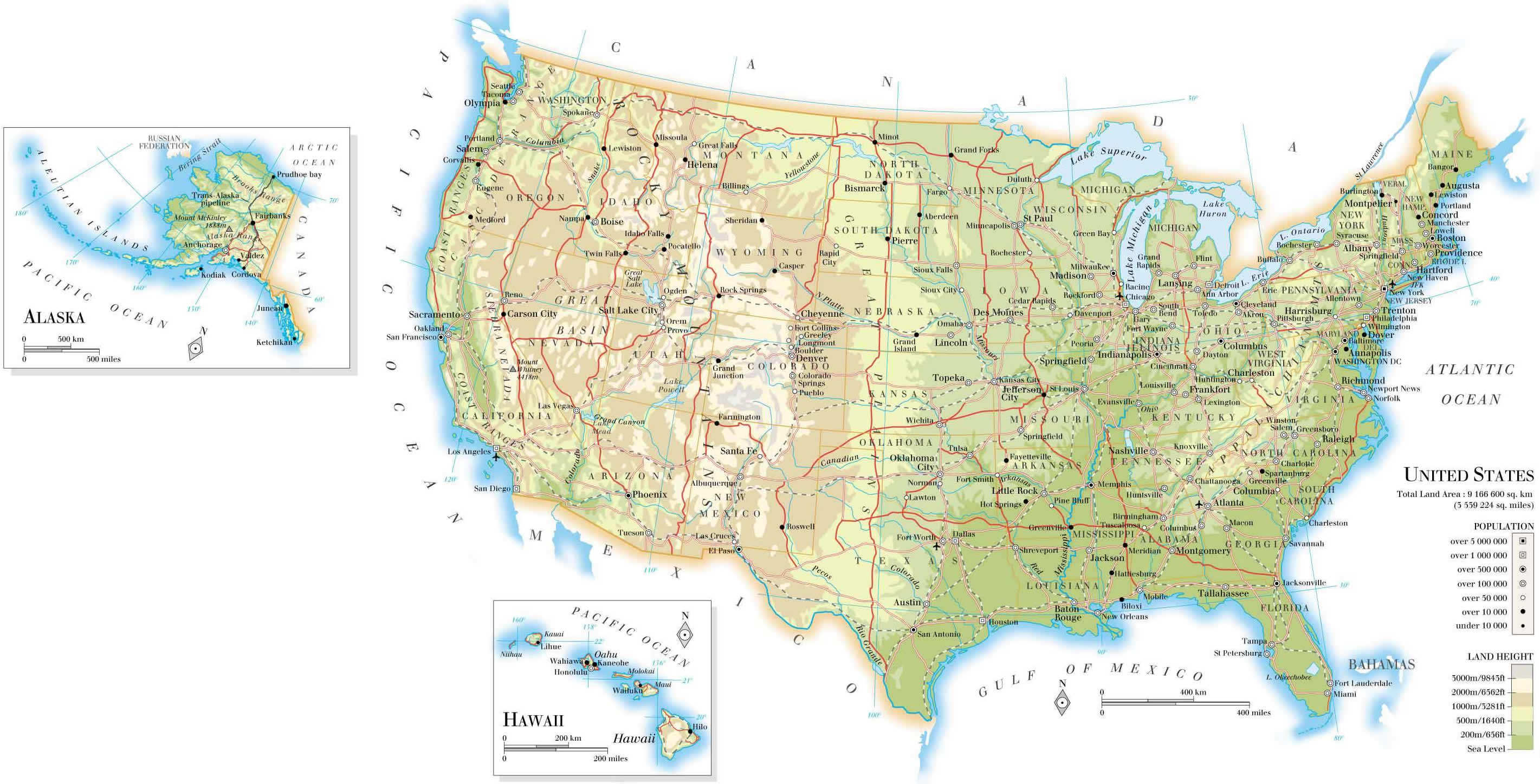 Amerika Birleşik Devletleri Nüfus Toprak Yükseklik Haritası
