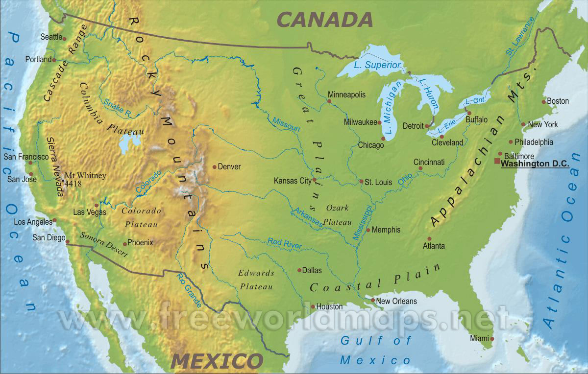 Fiziki Amerika Birleşik Devleti Haritası