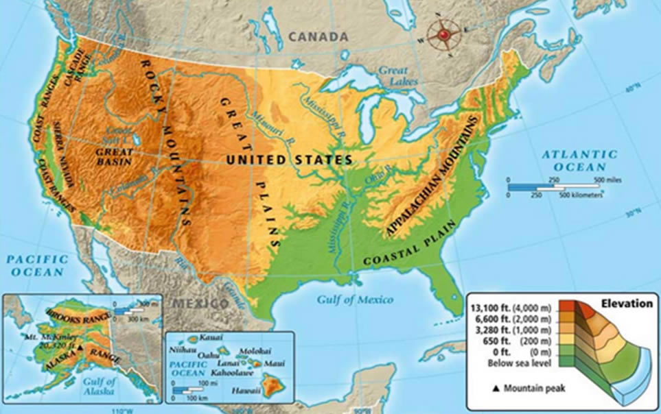 Fiziki Coğrafi Amerika Birleşik Devleti Haritası