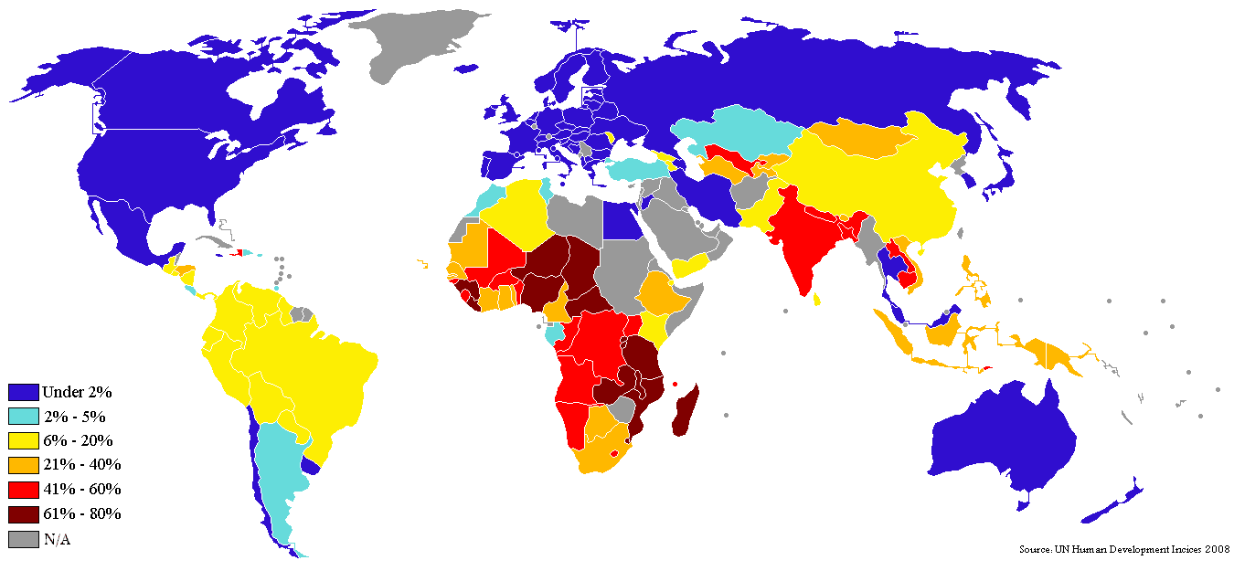 Dünya Haritası 1 Dolar Altı Yasam Nüfusu
