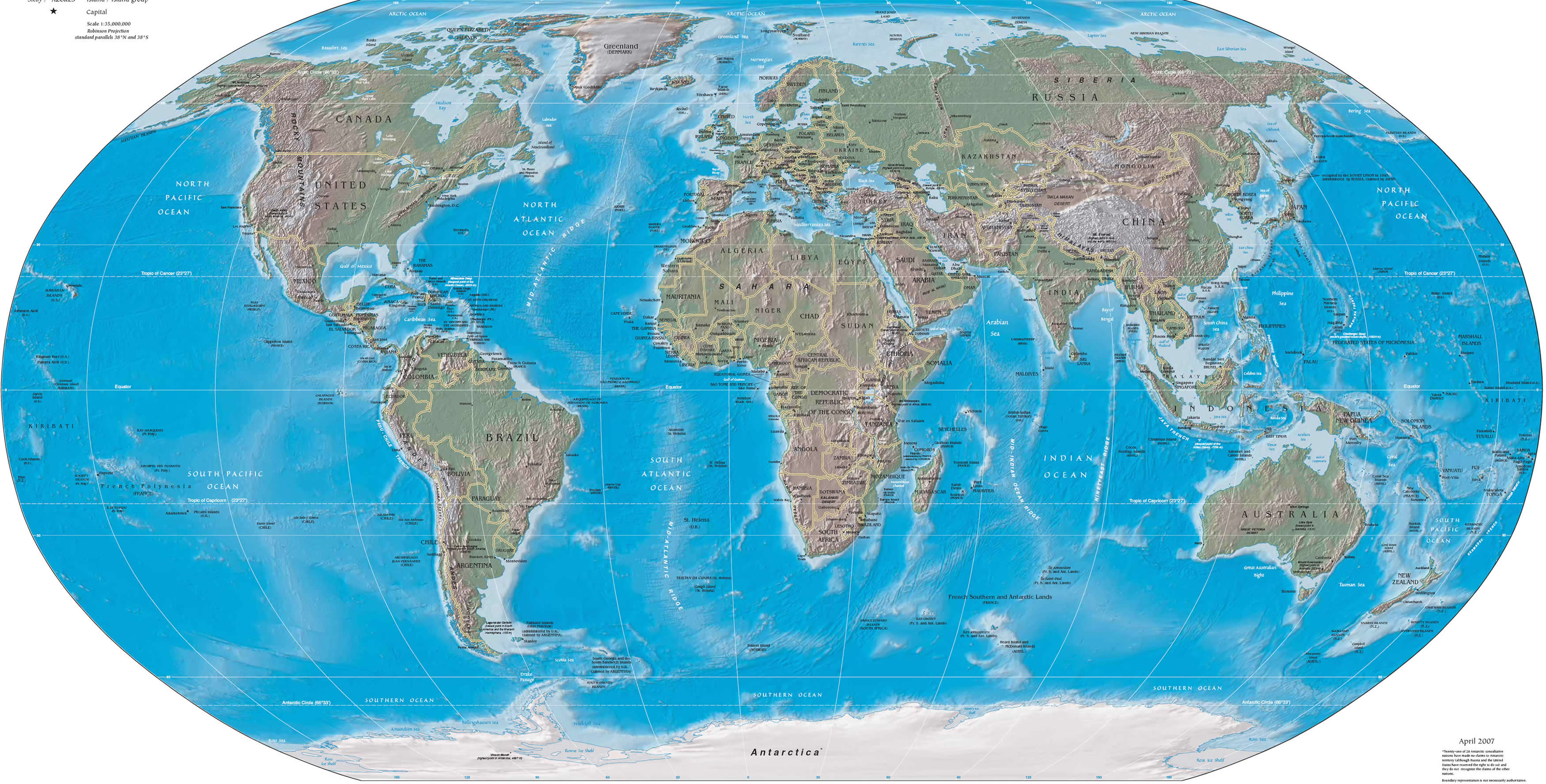 Dünya Fiziki Harita Ülkelerle Birlikte