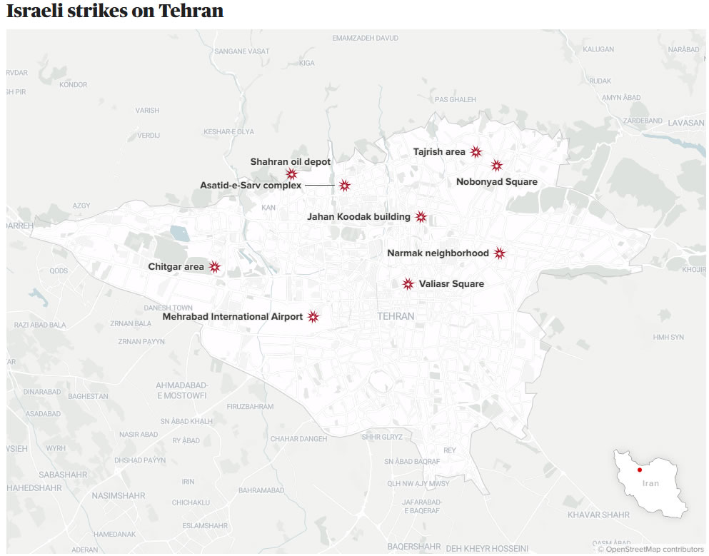 Tahran’a yönelik İsrail saldırıları haritası
