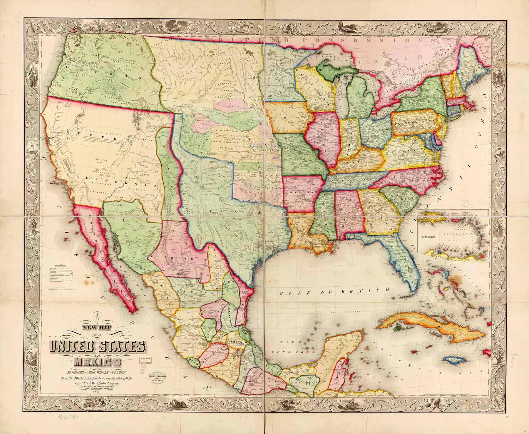 Amerika Körfezi Meksika ve ABD tarihi harita 1847