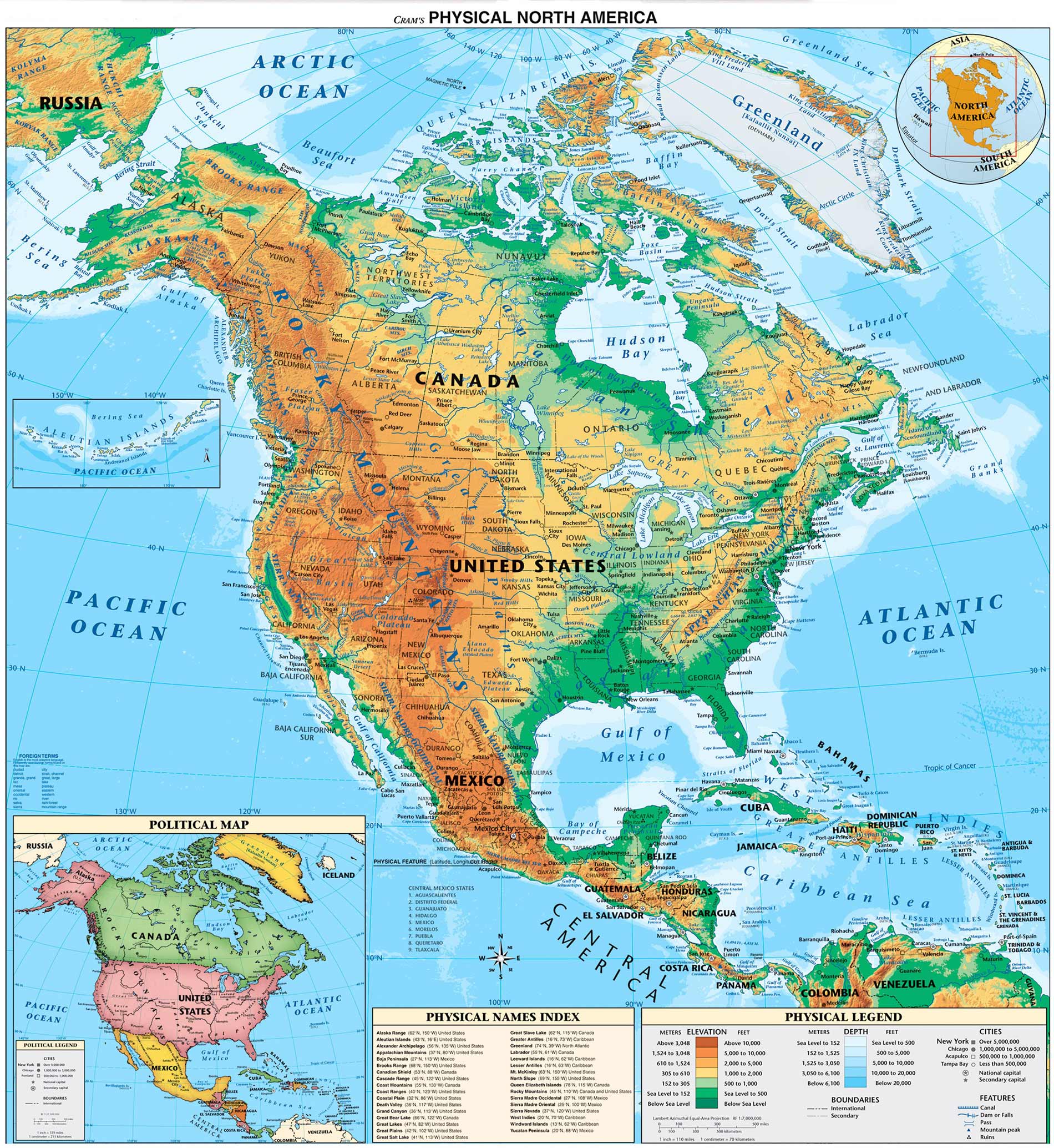 kuzey orta amerika fiziki haritasi