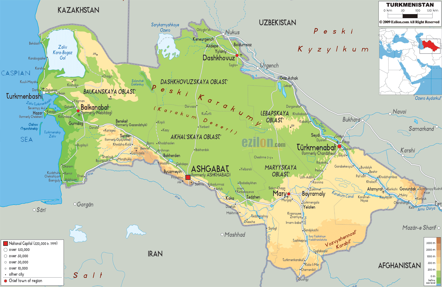 Turkmenistan fiziki haritasi