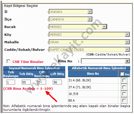 E Kayıt Bölge Seçimi