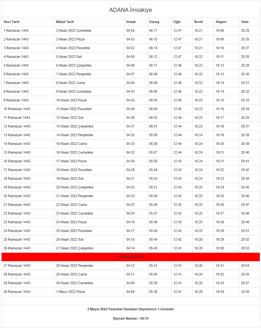 Adana Ramazan İmsakiyesi