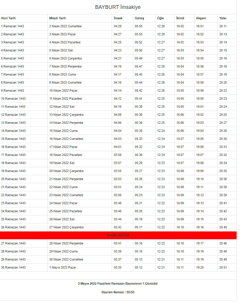 Bayburt Ramazan İmsakiyesi
