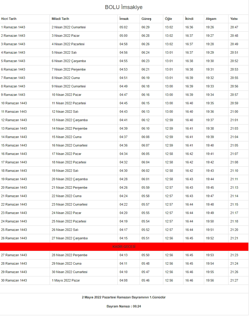 Bolu Ramazan İmsakiyesi