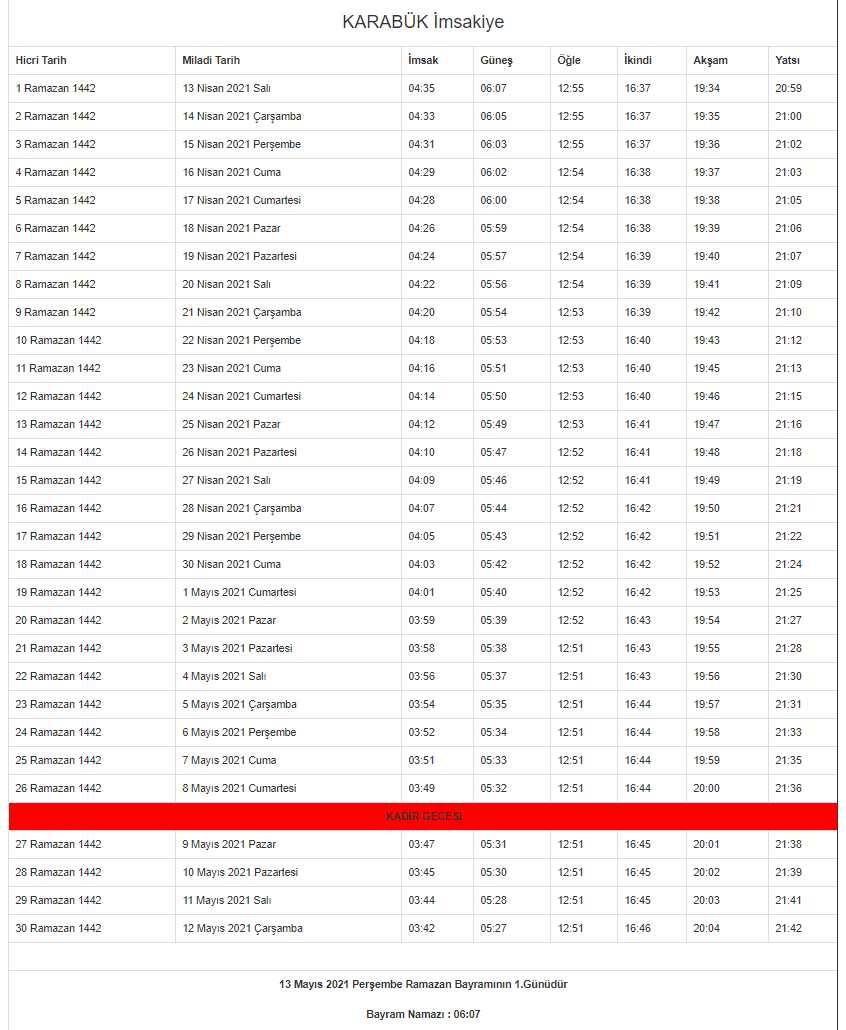 Karabük Ramazan İmsakiyesi