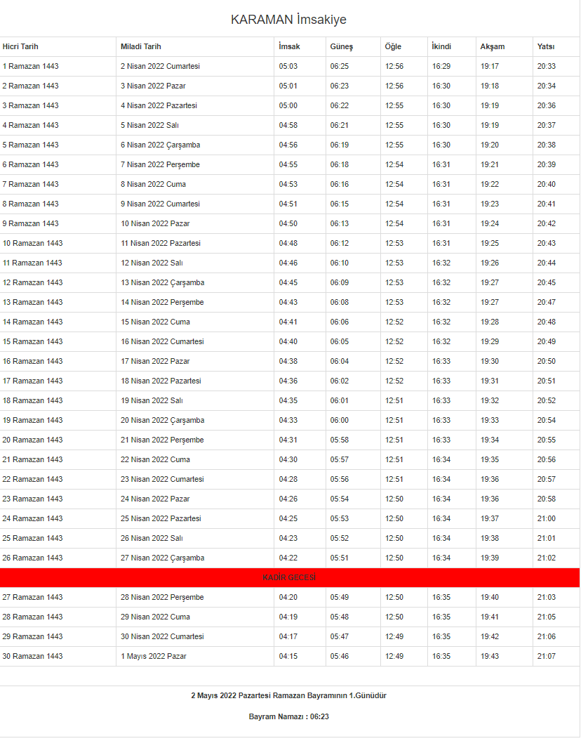 Karaman Ramazan İmsakiyesi