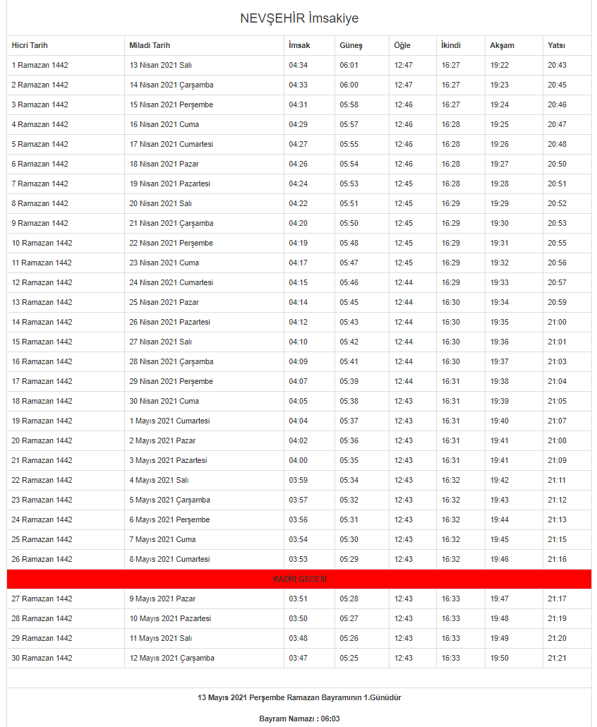 Nevşehir Ramazan İmsakiyesi