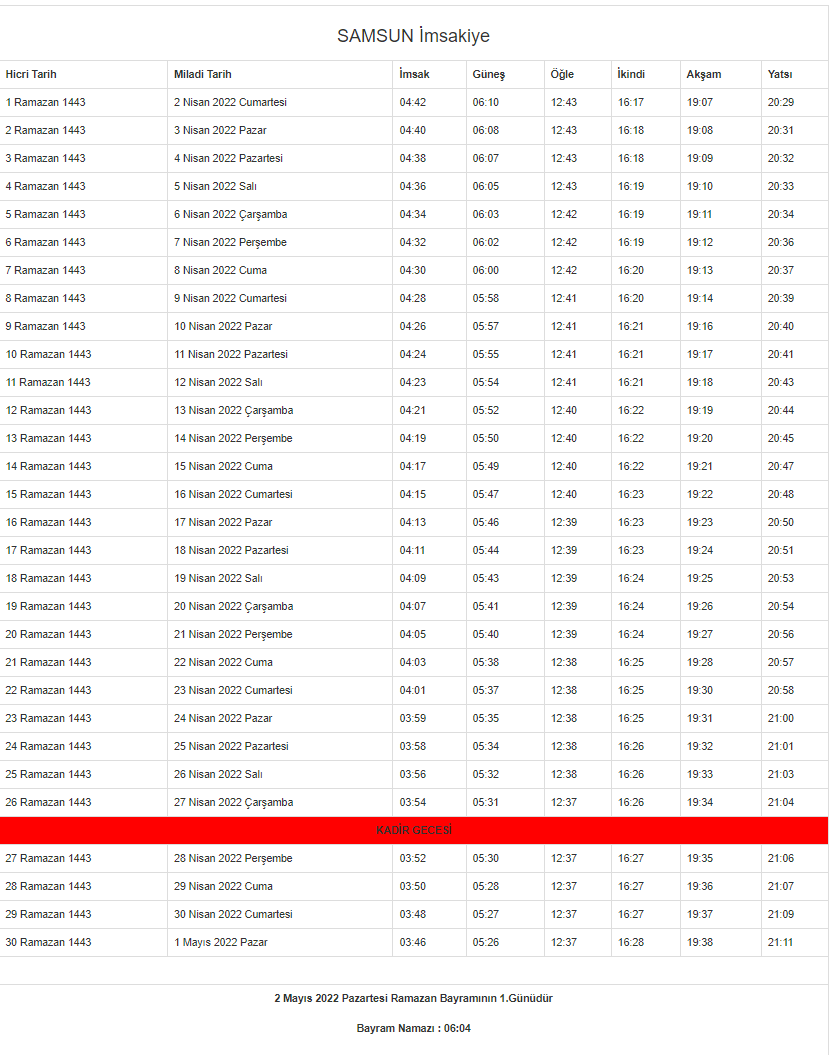 Samsun Ramazan İmsakiyesi