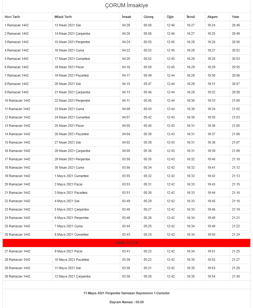 Çorum Ramazan İmsakiyesi