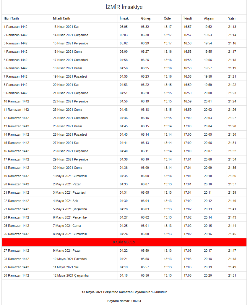 İzmir Ramazan İmsakiyesi