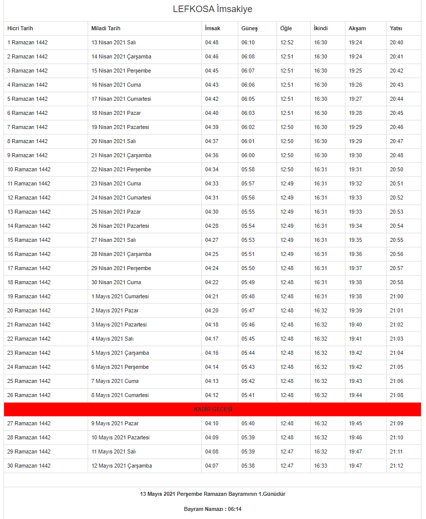 Lefkoşa İftar Vakti ve Lefkoşa Ramazan İmsakiyesi