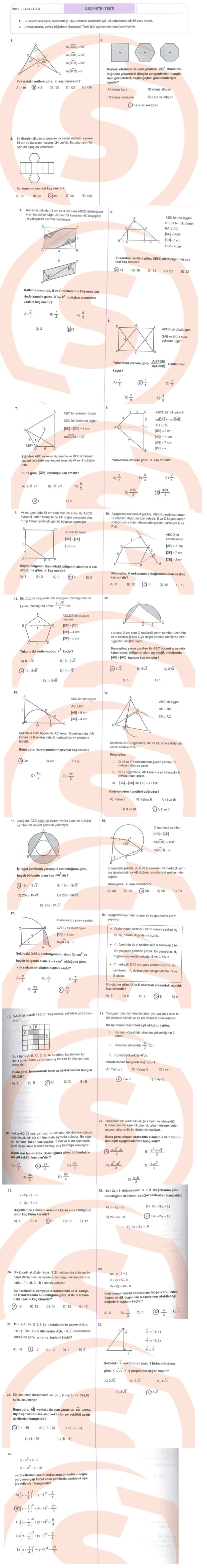 2012 LYS-1 Geometri Testi Soru ve Cevapları