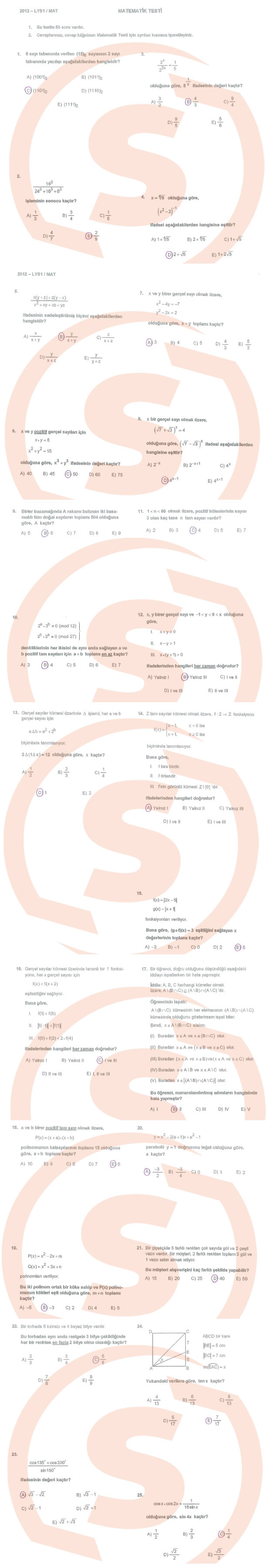 2012 LYS-1 Matematik Testi Soru ve Cevapları