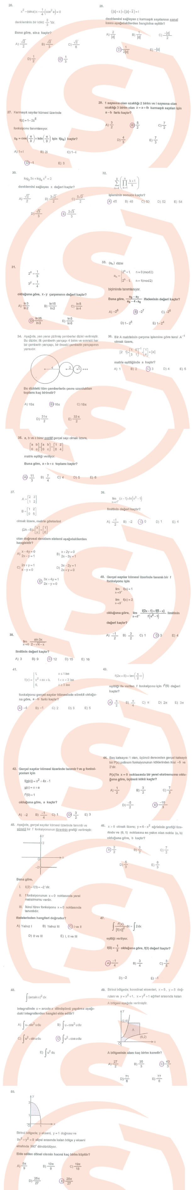 2012 LYS-1 Matematik Testi Soru ve Cevap Anahtarı