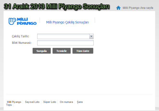 31 Aralık 2013 Yılbaşı Milli Piyango Sonuçları