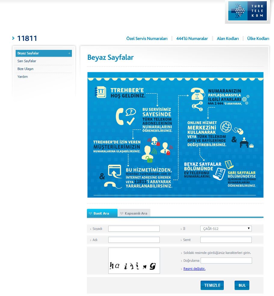 türk telekom bilinmeyen numaralar, 11811, beyaz sayfalar